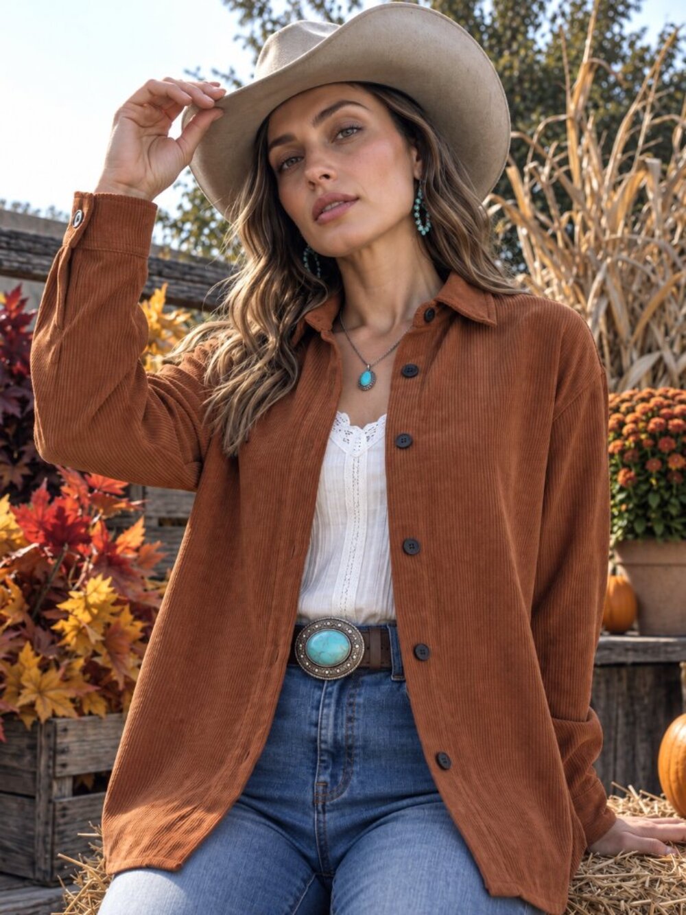 Corduroy Shacket Button Down Caramel Rust Western Boho Shirt Jacket Oversized M